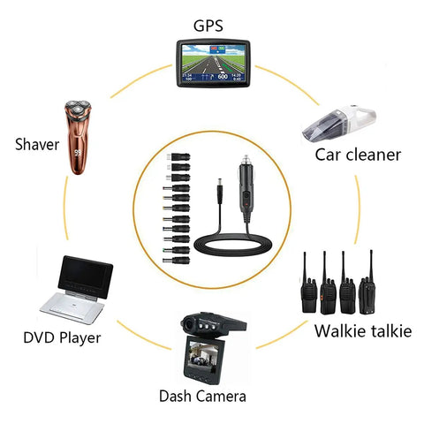 Badass 12V Car Charger With DC Power Cord And Eleven Swappable Plugs For GPS Camera Bluetooth Speaker Shaver Fan And Vehicle Gadgets Hella Versatile Universal Adapter For Any Ride You Own with multiple device compatibility.