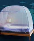 Folding Mosquito Net Tent Canopy For Beds Pop Up King Size Portable Netting For Babies And Adults set up on bed