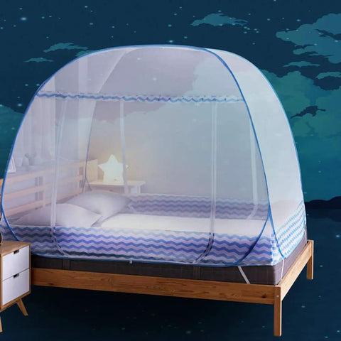 Folding Mosquito Net Tent Canopy For Beds Pop Up King Size Portable Netting For Babies And Adults set up on bed