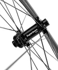 Hub detail of 50mm Carbon Fiber Road Bike Wheelset Disc Brakes 700c Tubeless Ready 25mm Wide For Shimano 8 To 12 Speed Cassette