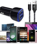 Dual Port Car Phone Charger With Built In Type C Cord Quick Charge Adapter beside various smartphones and gadgets.