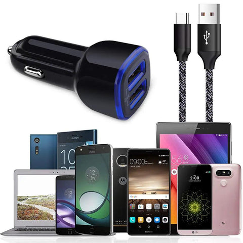 Dual Port Car Phone Charger With Built In Type C Cord Quick Charge Adapter beside various smartphones and gadgets.