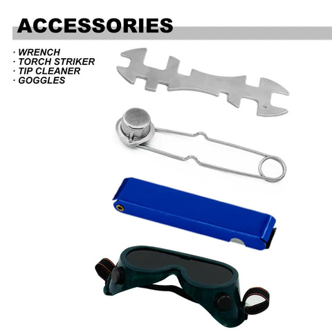 Accessories for Upgraded Oxygen And Acetylene Gas Cutting Torch And Welding Kit For The Home Garage Medium Duty Set, including goggles