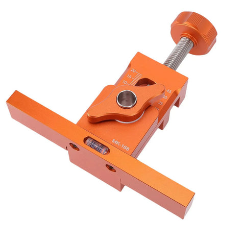 Adjustable Heavy Duty Aluminum Alloy Cabinet Door Mounting Jig With Built In Level Bubble And Non Slip Grip For Spot On Precise Installs and Worry Free Workshop Positioners, orange color, shown from above.
