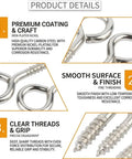 Product details of Heavy Duty Screw Eye Hooks 1 Inch Self Tapping Eye Bolts for Wood with premium coating and clear threads.