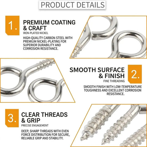 Product details of Heavy Duty Screw Eye Hooks 1 Inch Self Tapping Eye Bolts for Wood with premium coating and clear threads.