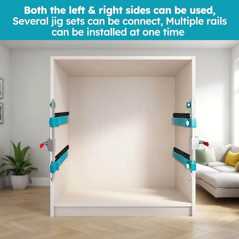 Pro Grade Drawer Slide Jig For Cabinets And Desks installed in cabinet, showing toggle clamps and magnetic arms on both sides.