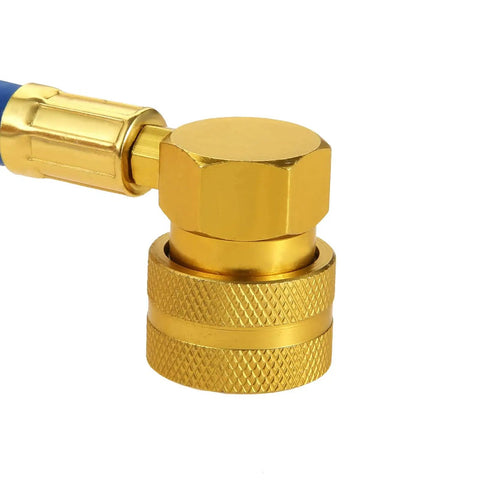 Close-up of brass valve from R134A Car AC Refrigerant Charge Hose Kit With One-Half-Inch Acme Can Tap Piercing Valve