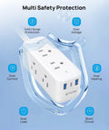 Flat Plug Power Strip With 10ft Ultra Thin Flat Cord, 6 Widely Spaced Outlets, 3 USB Ports, wall mountable, 1440J surge protector