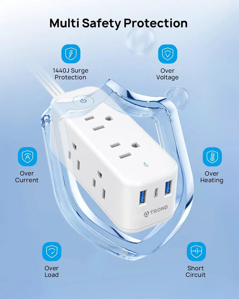 Flat Plug Power Strip With 10ft Ultra Thin Flat Cord, 6 Widely Spaced Outlets, 3 USB Ports, wall mountable, 1440J surge protector