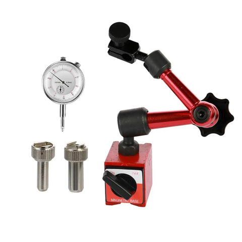 Dial Indicator Magnetic Holder And Bore Gauge Stand With Magnetic Base For Micrometers, Hour Type Indicators, Pro Grade Measuring Tools For Machinists, Gearheads, And Hobbyists. Red magnetic base with dial indicator and holder.
