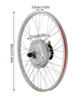 750W Front Wheel Electric Bike Conversion Kit With Brushless Hub Motor, 36V System, dimensions shown, fits 24 inch bicycles