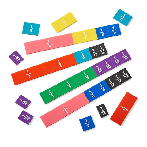 Plastic Double Sided Decimal And Fraction Tiles For Bar Model Math Practice, rainbow colors showing fractions and decimals.