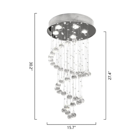 Spiral Crystal Raindrop Chandelier With Five Lights, Modern Flush Mount Round Pendant Lighting, showing clear K9 balls and frame.