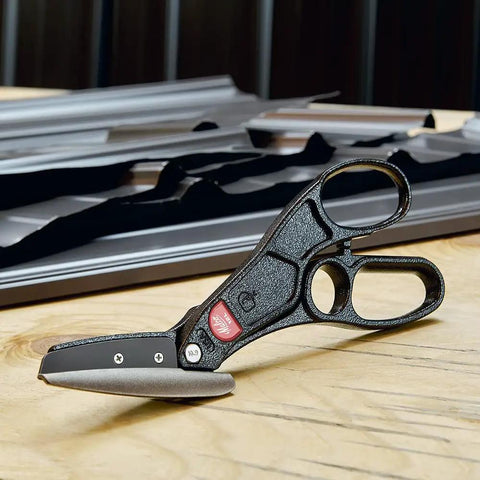 12 Inch Offset Aluminum Hand Snips For Sheet Metal Lightweight Tin Snips With Fast Cut Speeds And Superior Maneuverability Cuts Tight Radii Cleanly Durable Ergonomic Grip For Pro Grade Metalworking Ideal For Ductwork And Any Fast Clean Sheet Metal Job on a wooden surface