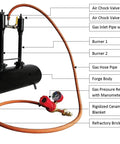 Beefy Double Burner Propane Blacksmith Forge With Oval Steel Body, Heavy Duty Construction showing labeled components.