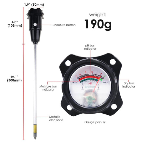 Diagram showing 2 In 1 Soil pH And Moisture Tester With 12 Inch Long Probe For Plants Garden Lawn Farm Greenhouse Accurate