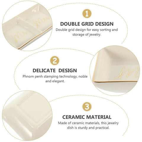 Premium Ceramic Jewelry Dish With Shimmering Gold Trim Dual Grid Holder For Ring And Bling Stash, showing double grid design.