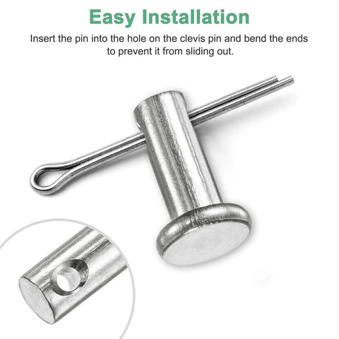 Close-up of 20 Pack Single Hole Clevis Pins M5 X 40mm 304 Stainless Steel Flat Head Fasteners for quick installation.