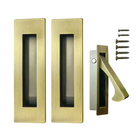 Pocket Door Hardware Set With Edge Pulls And Recessed Flush Pulls In Antique Brass, 6 Inch includes screws, edge pull, handles