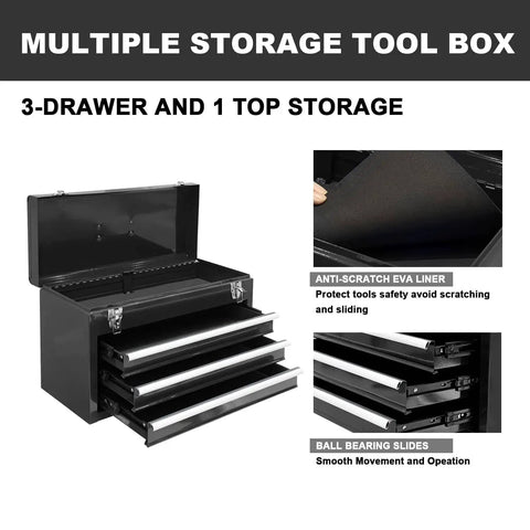 20 Inch Three Drawer Metal Tool Box Portable Steel Tool Chest With Durable Metal Latch Closure Black Powder Coat Finish