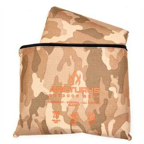 All Weather Survival Blanket With Reflective Heat, Camp Ready Emergency Tarp For Hiking in desert camo packaging
