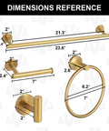 Dimensions of Dope Brushed Gold 5-Piece Bathroom Hardware Set With 23.6 Inch Towel Bar, Toilet Paper Holder, Two Robe Hooks.
