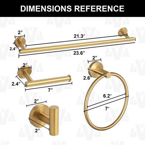 Dimensions of Dope Brushed Gold 5-Piece Bathroom Hardware Set With 23.6 Inch Towel Bar, Toilet Paper Holder, Two Robe Hooks.