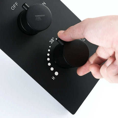 Modern Matte Black Shower System With Waterfall Rain Head And Durable Handheld Sprayer Wall Mount Tub Spout Multi Jet Body Massage Smart Thermostatic Valve temperature control knob in hand