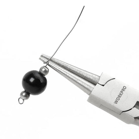 Round nose pliers from 7 Piece Jewelry Pliers Set For Beading And Wire Wrapping Includes Needle Nose Pliers Round Nose Pliers Bent Nose Pliers And Wire Cutter Pro Grade Tool Kit Great For Beginners And Pros For Jewelry Making Beads And DIY Craft With Carrying Pouch holding wire and bead