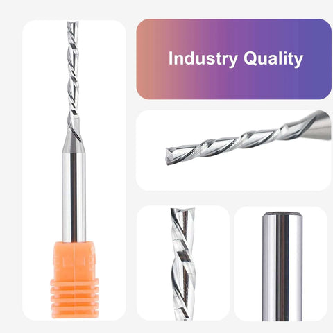 SpeTool extra-long down-cut router bit, 1/8 dia, 1/4 shank, 3 OAL, solid carbide for wood front view