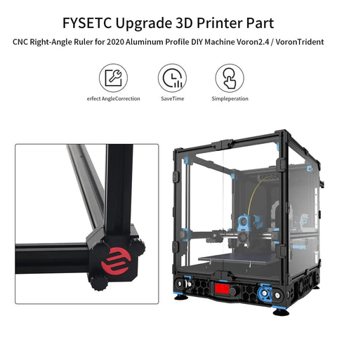 3D Printer Right Angle Tool And Corner Bracket For 2020 Aluminum Extrusion 20x20 6mm V Slot Profile Installation Ruler Anodized CNC All Metal With M3x30mm Hand Knob For Voron2.4, showing bracket close-up and installation on printer frame.