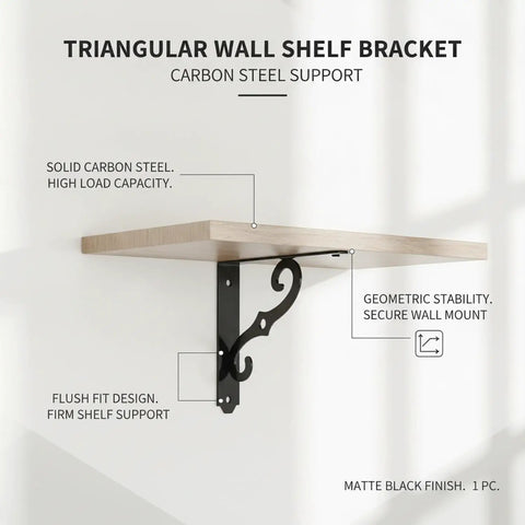 Beefy Triangular Carbon Steel Wall Shelf Bracket For Floating Shelves Matte Black Heavy Duty Mount with wooden shelf