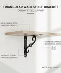 Sturdy Triangular Wall Shelf Bracket made from beefy carbon steel for floating shelves, matte black finish, heavy duty wall mount.