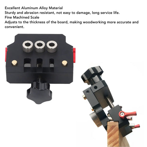 Hit The Mark Every Time Self Centering Doweling Jig With Precise Fine Scale showing adjustable aluminum alloy drill guide for woodworking.