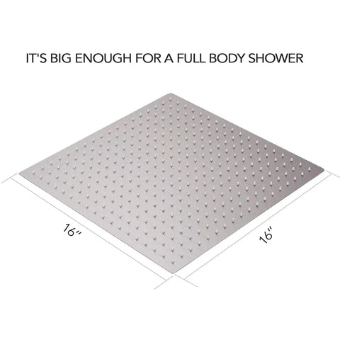 16 Inch Square Rain Shower Head High Pressure Waterfall Design In 304 Stainless Steel Brushed Nickel Ultra Thin Panel