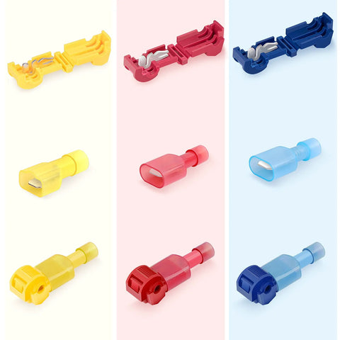 Nilight 120-piece automotive wire terminal kit with nylon insulated T-Tap and male disconnects in yellow, red, blue.