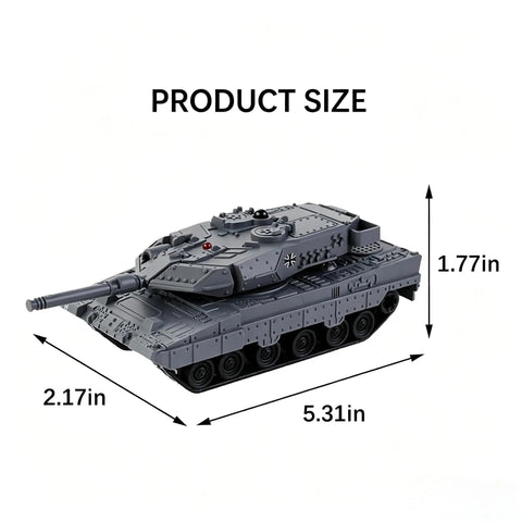 Ultra Realistic 1 To 48 Scale RC Tank Toy Inspired By M1 Abrams With Sand Exterior Authentic Markings And Precise Turret Details Plus Full Function Remote Control For Indoor And Outdoor Battle Play in black with dimensions 5.31in x 2.17in x 1.77in shown.