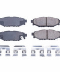 Rear Ceramic Brake Pads Z17 With Hardware For Subaru Crosstrek 2016 To 2023, Forester 2009 To 2018, Impreza 2008 To 2024, Legacy 2005 To 2014, WRX 2013 To 2021, Outback 2005 To 2014 Two Pad Set With Easy Install Hardware, displayed with pads and installation hardware.