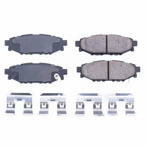 Rear Ceramic Brake Pads Z17 With Hardware For Subaru Crosstrek 2016 To 2023, Forester 2009 To 2018, Impreza 2008 To 2024, Legacy 2005 To 2014, WRX 2013 To 2021, Outback 2005 To 2014 Two Pad Set With Easy Install Hardware, displayed with pads and installation hardware.