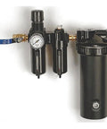 4 Stage Desiccant Dryer For Compressed Air, 25 CFM, Removes Dirt Debris Oil Vapors Pipe Scale Rust Water Vapors, Half Inch NPT Connection, Filter Ratings 0.01 5 40 Micron black unit with gauge and filter canister