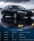Sleek modern car on wet road with vehicle fitment details for Hyundai Elantra 2007-2012 models displayed beneath.