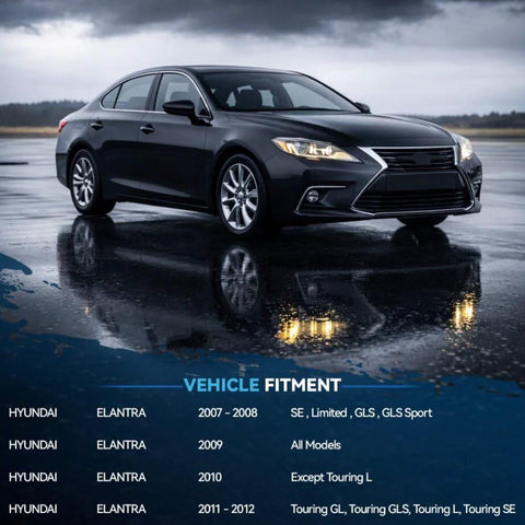 Sleek modern car on wet road with vehicle fitment details for Hyundai Elantra 2007-2012 models displayed beneath.