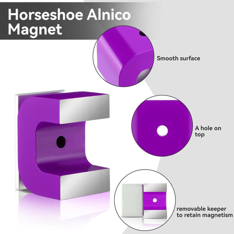 Purple alnico U-shaped horseshoe magnet with 22 lb pull, smooth surface, hole on top, removable keeper shown.