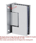 Soft Close Shower Door Hinges Set Stainless Steel 2 Pack 90 Degree Frameless Glass Clamp for 8 to 10mm wall mount detail.