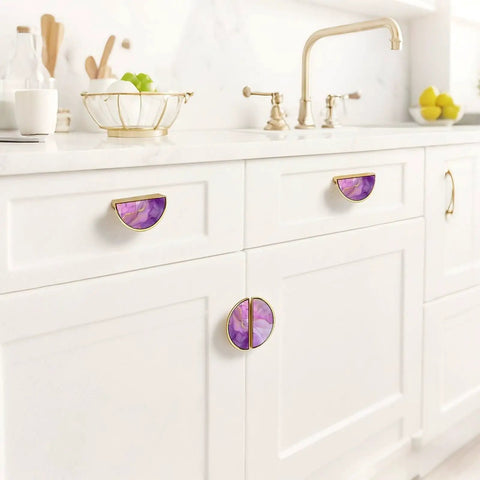 2 Pack Purple Pink Gold Fluid Art Cabinet Pulls With 3 Inch Center Hole Gold Semicircle Drawer Handles on white kitchen cabinetry