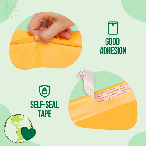 Close-up of Yellow Kraft Padded Bubble Mailer 6x10 Inch Pack Of 100 Usable 6x9 Inch Size Recyclable Kraft Paper Envelope with bubble liner.