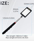 Image displaying dimensions of Two Pack Telescoping Lighted Inspection Mirror With 34.5 Inch Extendable Handle 360 Degree Rotating Mirror Tool
