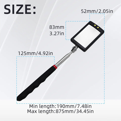 Image displaying dimensions of Two Pack Telescoping Lighted Inspection Mirror With 34.5 Inch Extendable Handle 360 Degree Rotating Mirror Tool