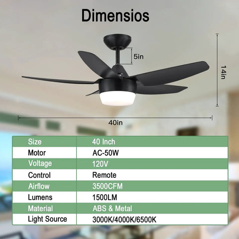 40 Inch Black Ceiling Fan With Lights And Remote Modern Indoor Ceiling Fan With Dimmable Lights Reversible Five Blade Design